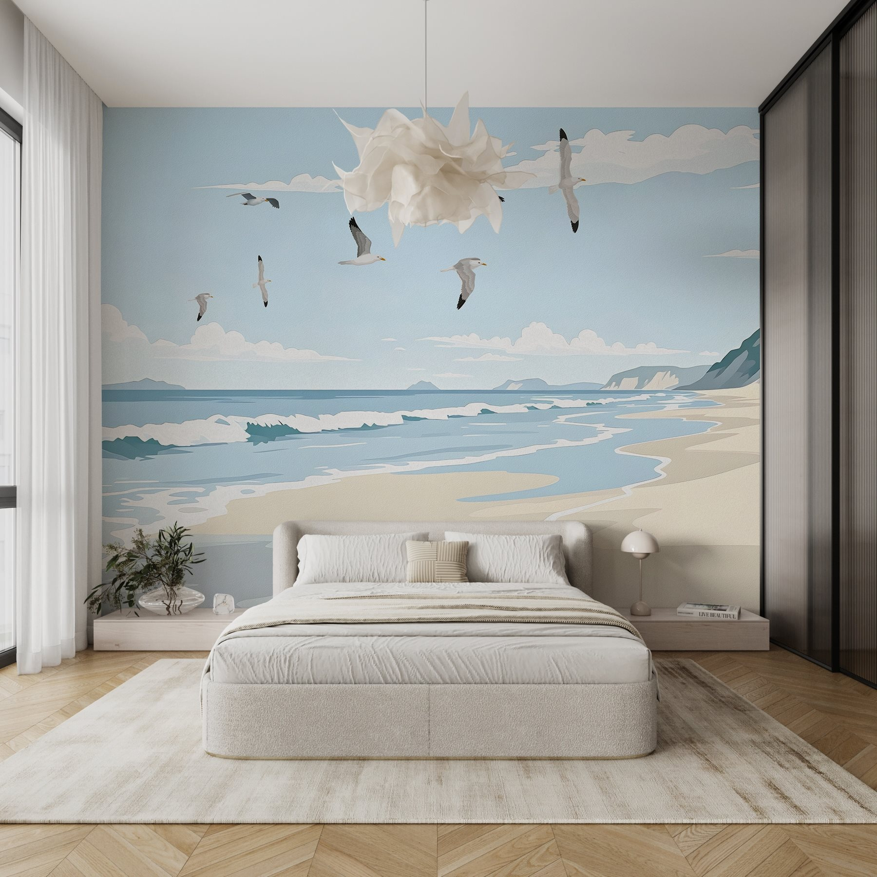 Beach with birds flying over it