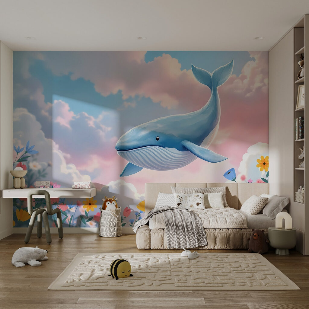 Whale flying over flowers Whale flying over flowers