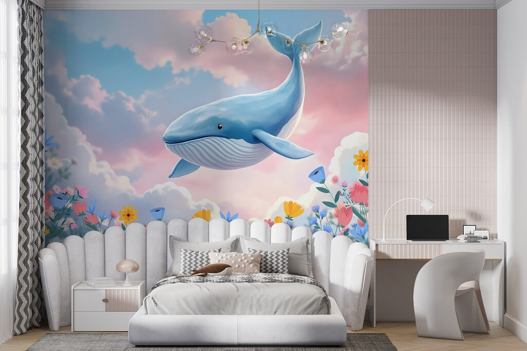 Whale flying over flowers Whale flying over flowers