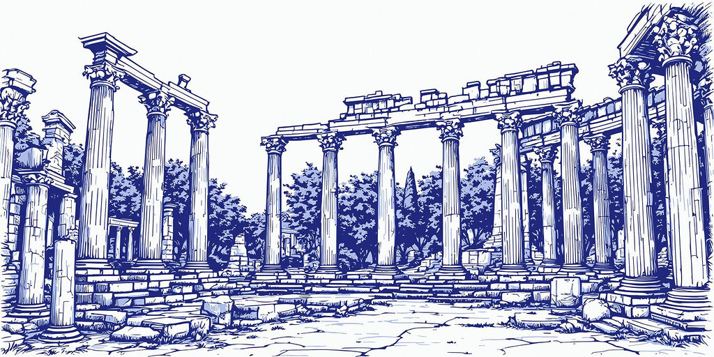 Drawing of a stone structure with columns