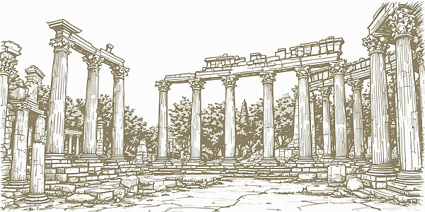 Drawing of a stone structure with columns Drawing of a stone structure with columns