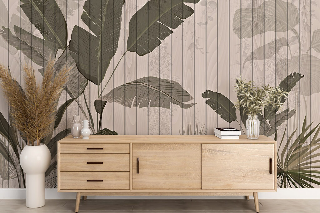 Wood wall with leaves and plants