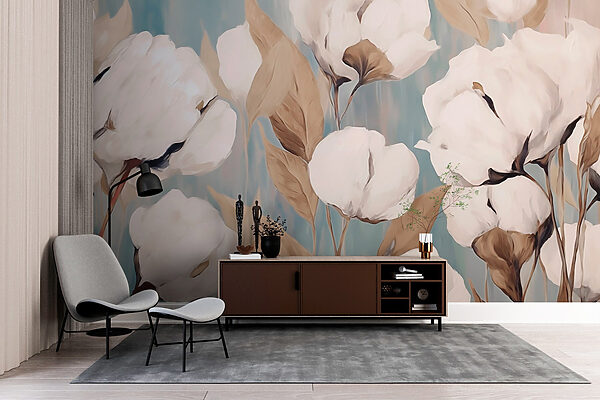 Painting of white flowers and brown leaves Painting of white flowers and brown leaves