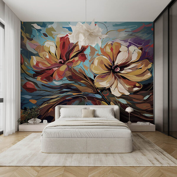 Wall murals Wall murals Painting of flowers on a blue background (SKU: w08863)