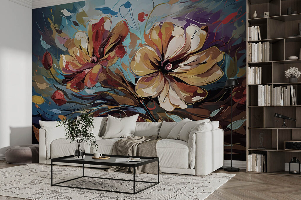 Painting of flowers on a blue background