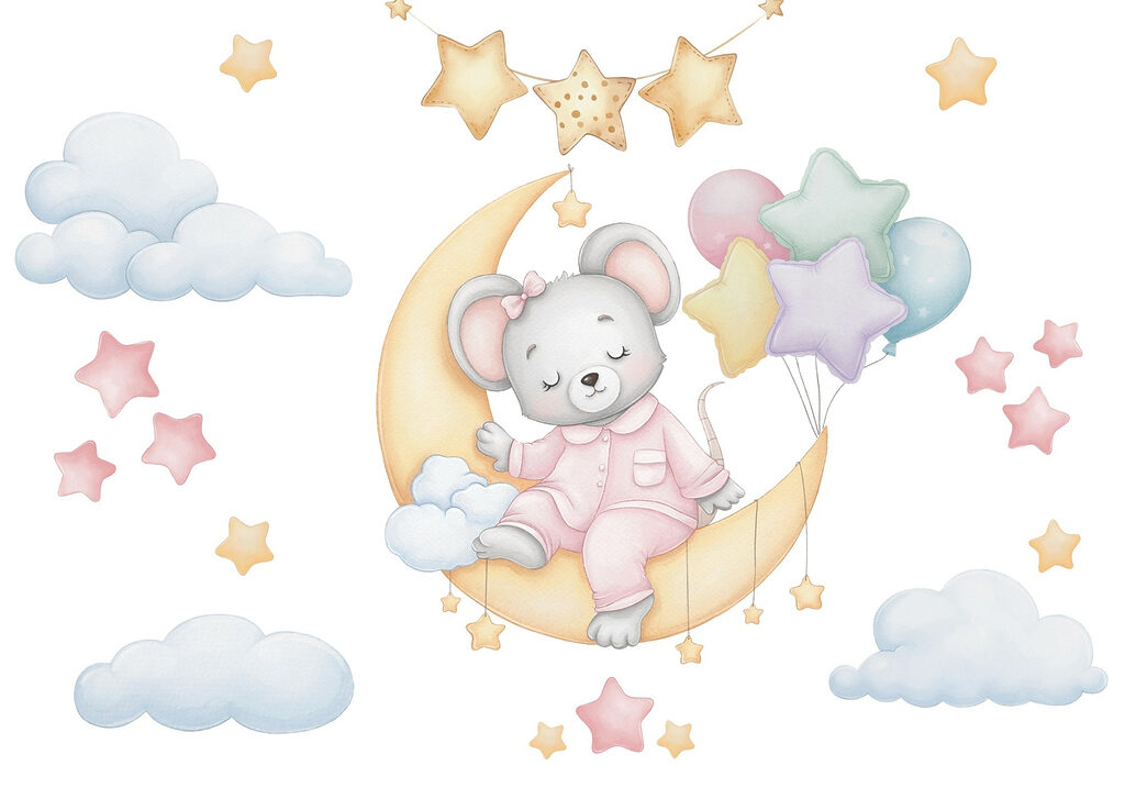 Mouse sitting on the moon with balloons Mouse sitting on the moon with balloons