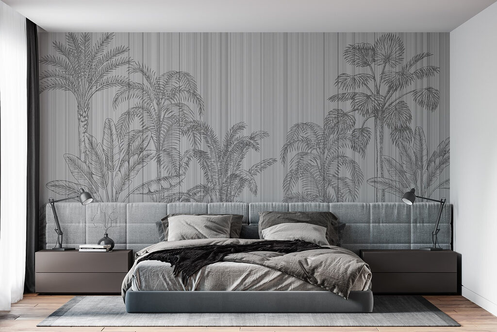 Grey and white background with palm trees