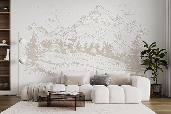 Wall murals Drawing of a landscape with mountains and trees (SKU: w03348) Wall murals Wall murals Drawing of a landscape with mountains and trees (SKU: w03348)