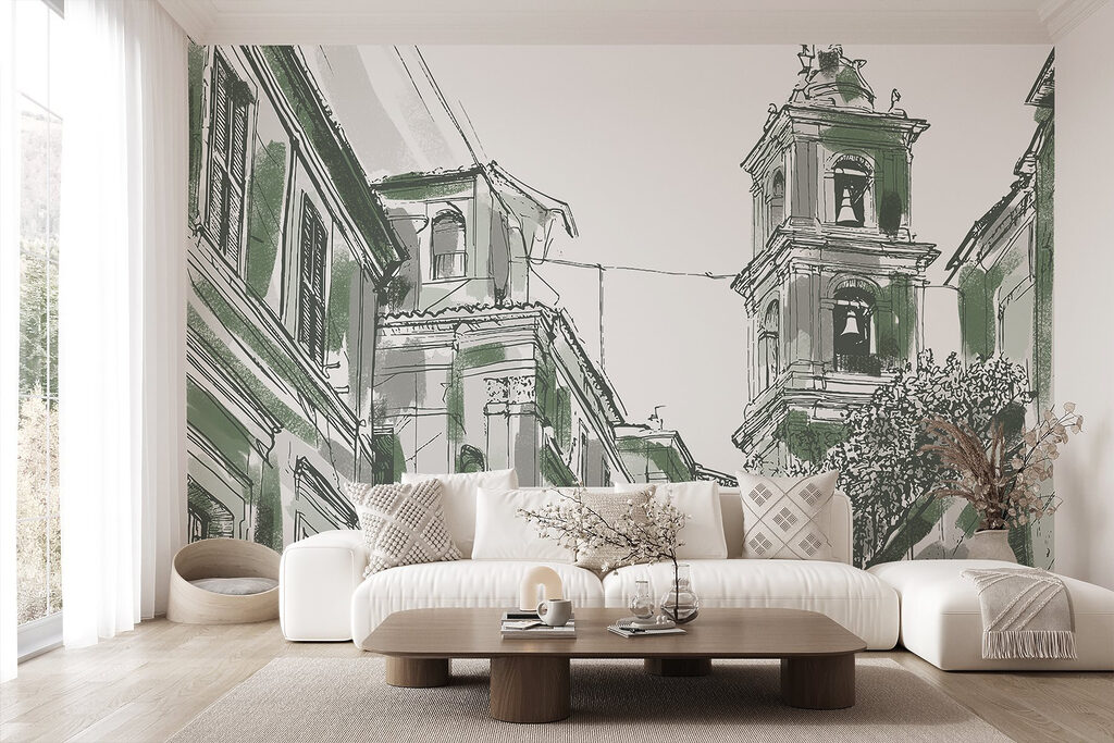 Drawing of a building with bells