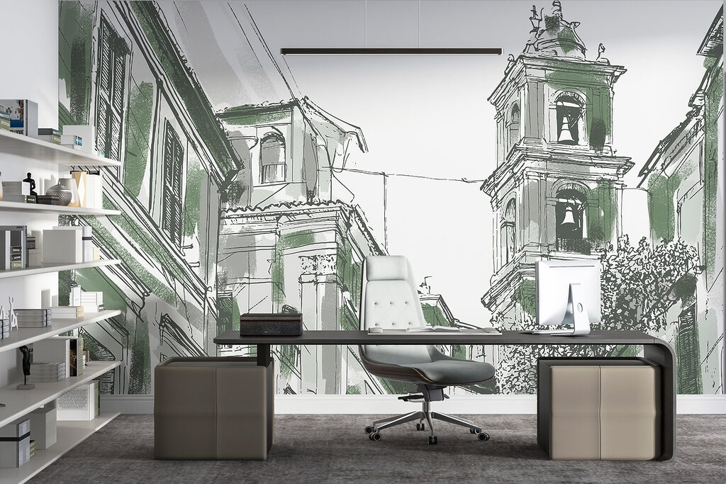 Drawing of a building with bells