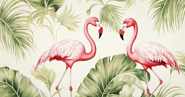 Couple of pink flamingos with green leaves Couple of pink flamingos with green leaves