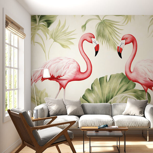 Couple of pink flamingos with green leaves Couple of pink flamingos with green leaves