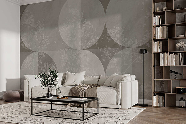 Grey and white wallpaper with white circles and flowers Grey and white wallpaper with white circles and flowers