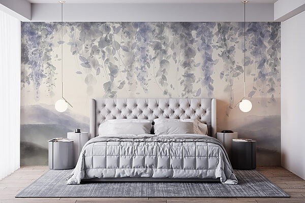 Painting of a landscape with fog and leaves