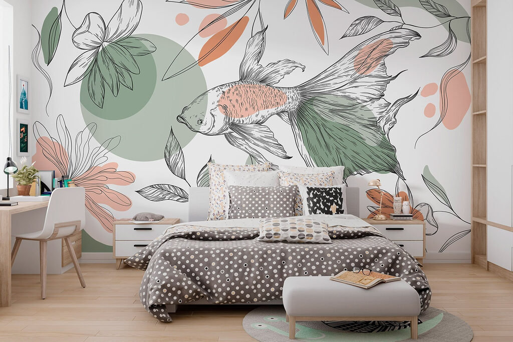 Fish and plants on a white background