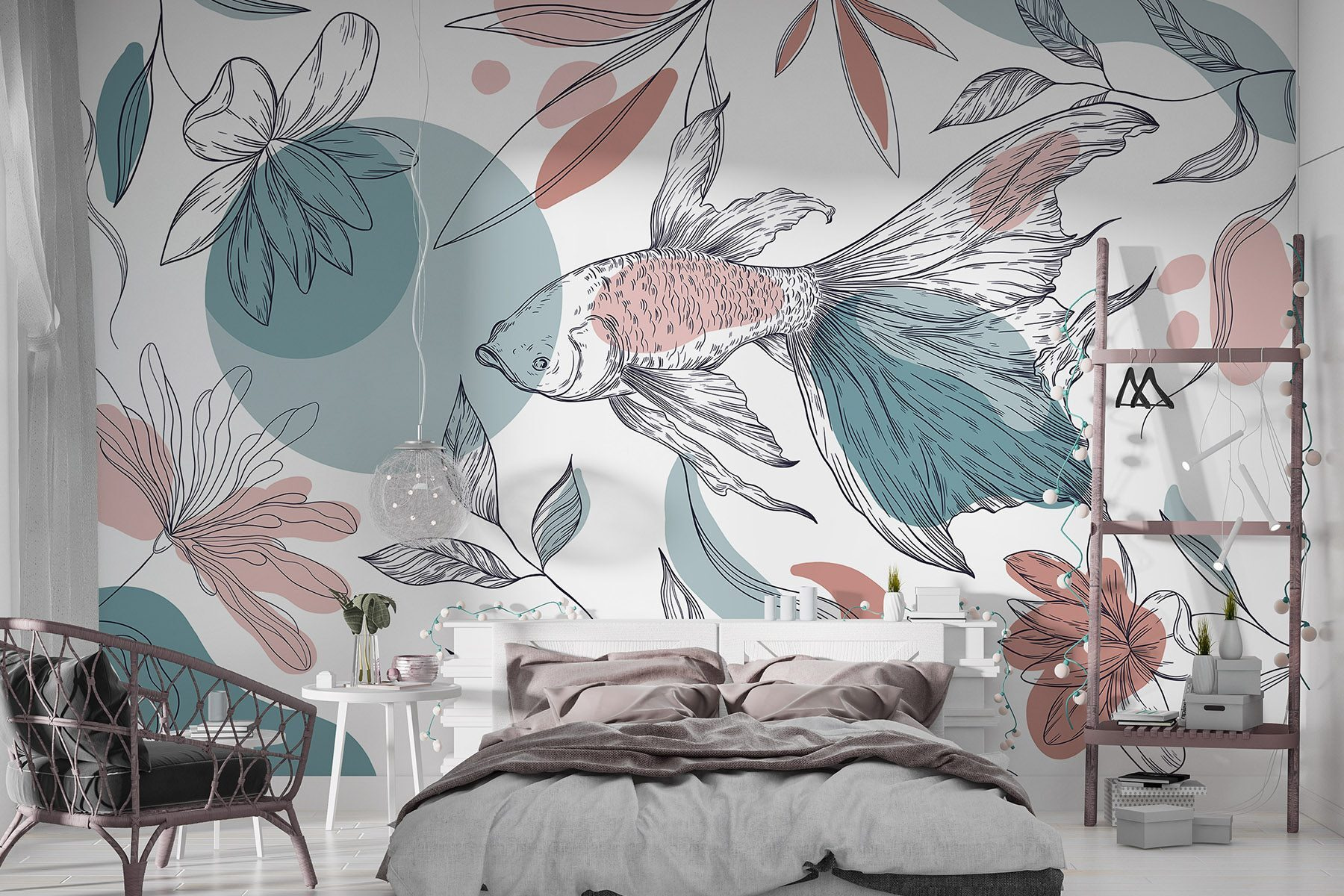 Fish and plants with circles and dots