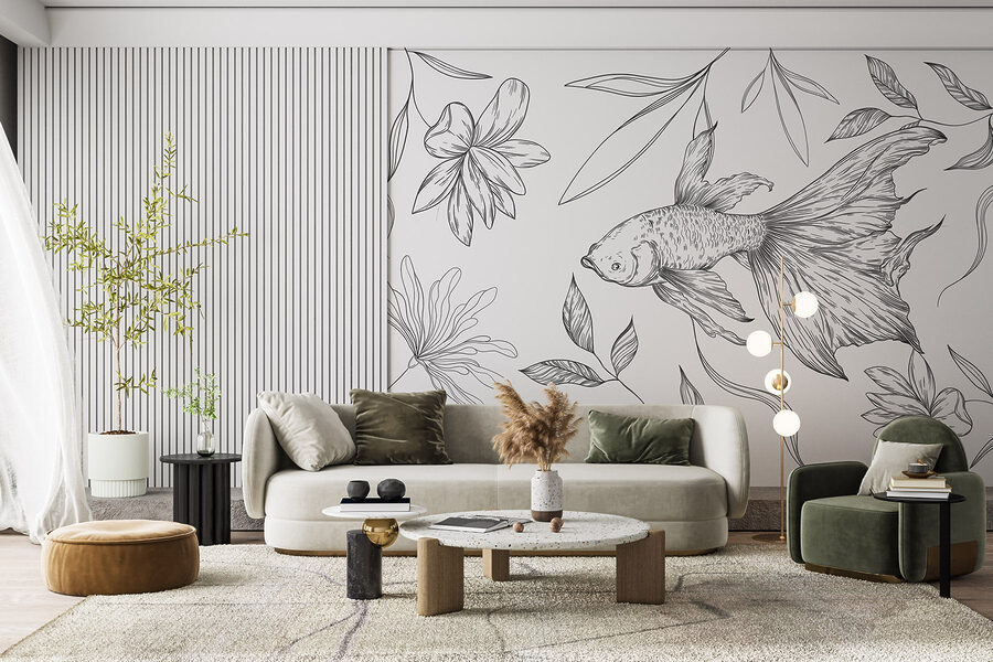 Black and white drawing of a fish and plants