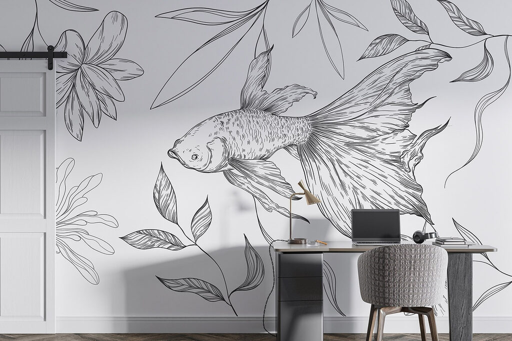 Black and white drawing of a fish and plants