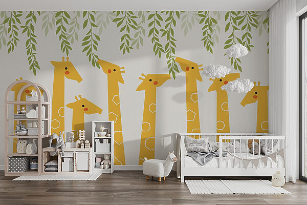 Wall murals Wall murals Group of giraffes with leaves (SKU: w03478)