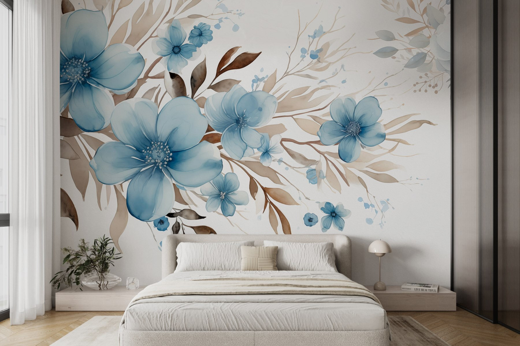 Painting of blue flowers and brown leaves