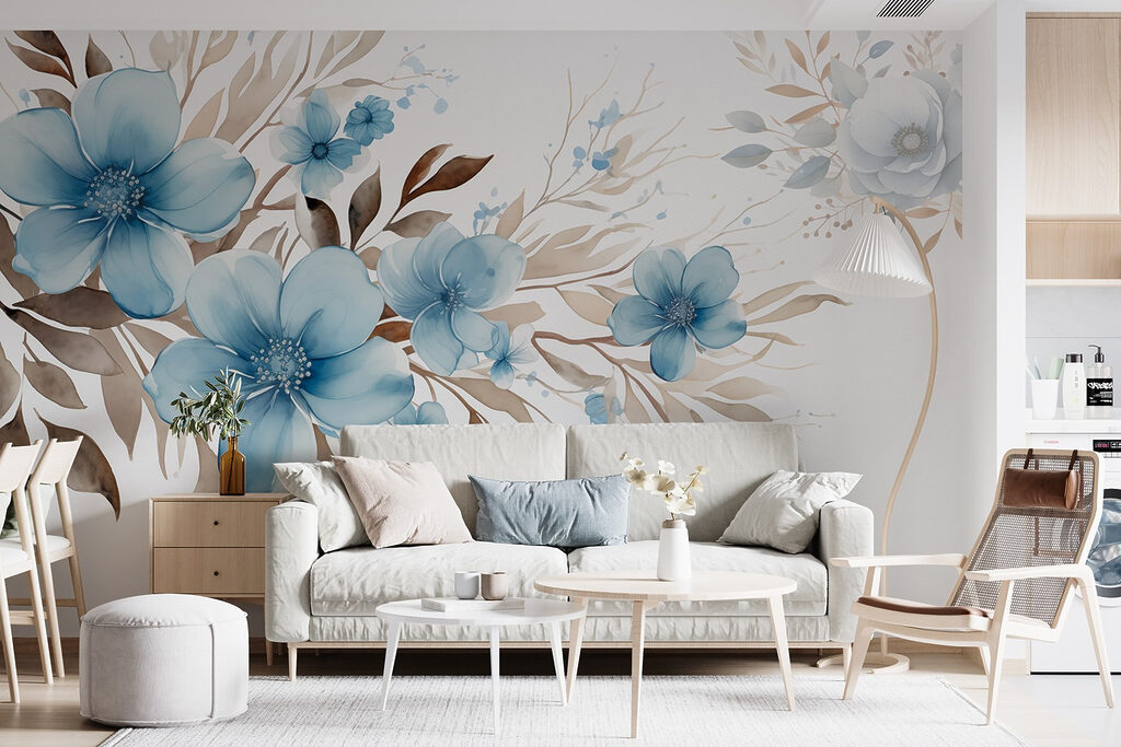 Painting of blue flowers and brown leaves