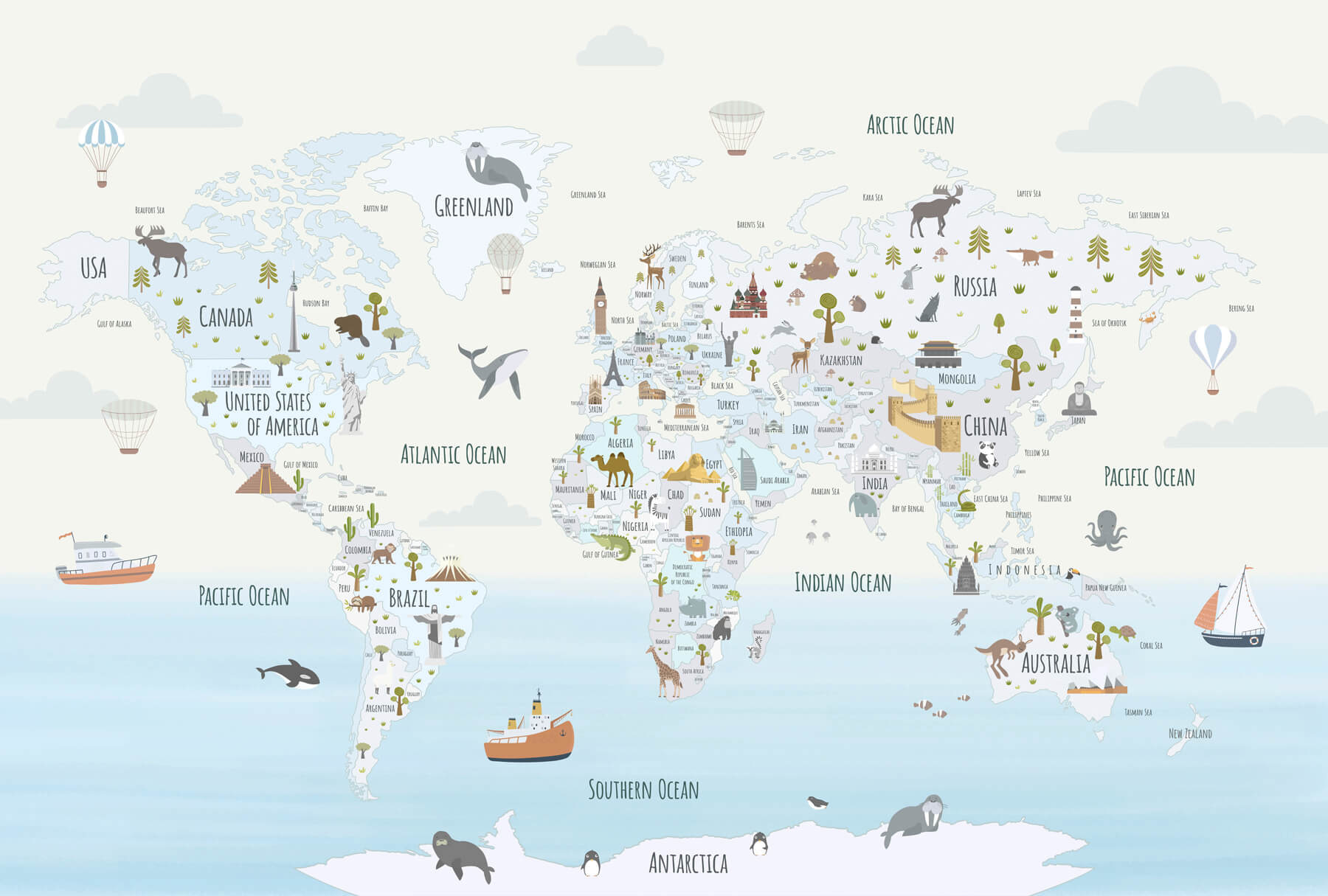 Map of the world with different animals Map of the world with different animals
