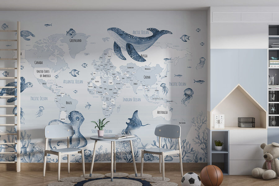 Map of the world with sea animals Map of the world with sea animals