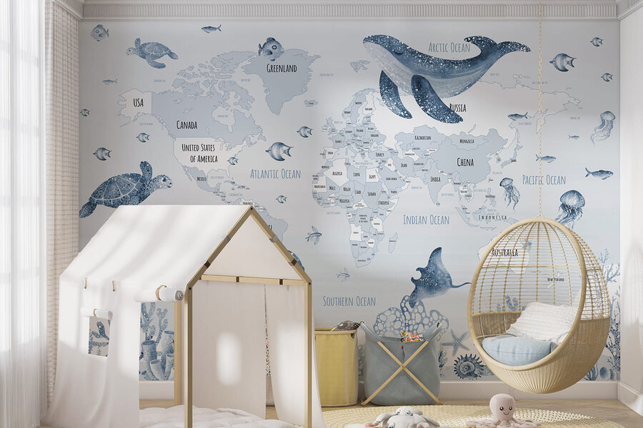 Map of the world with sea animals Map of the world with sea animals