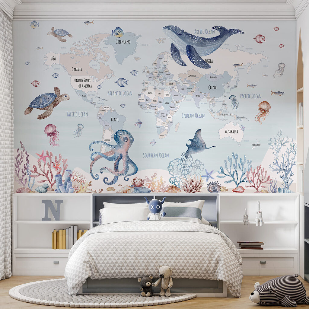 Map of the world with sea animals Map of the world with sea animals
