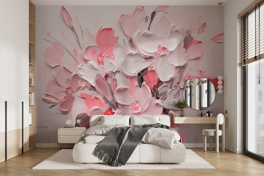 Wall murals Painting of flowers in pink and white