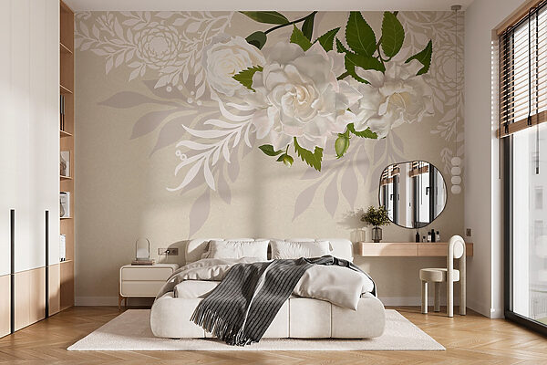 Wall murals Wall murals White flowers with green leaves (SKU: w03453)