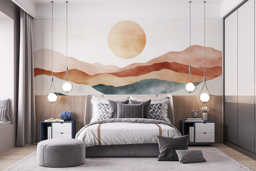 Painting of mountains and sun