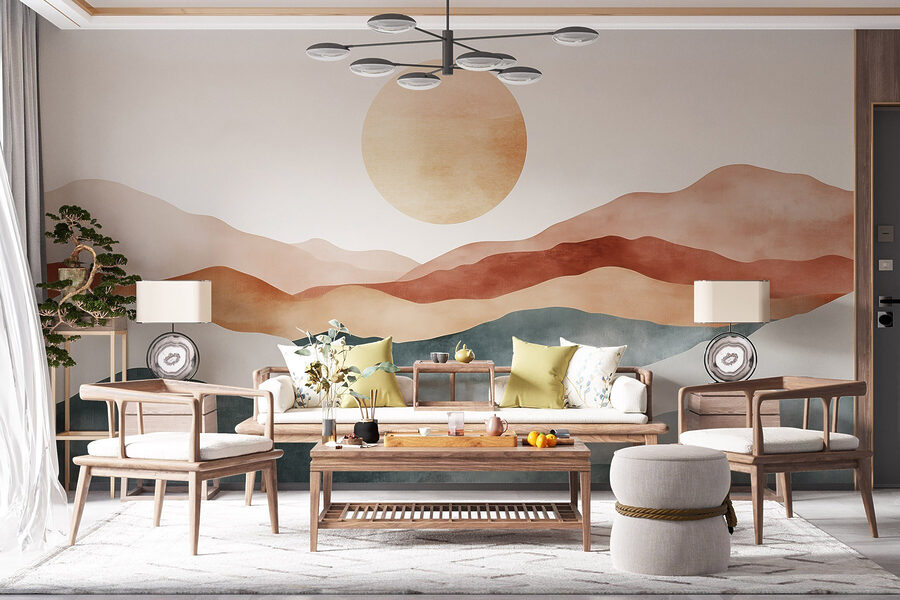 Painting of mountains and sun