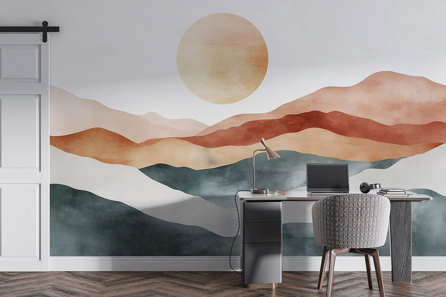 Painting of mountains and sun