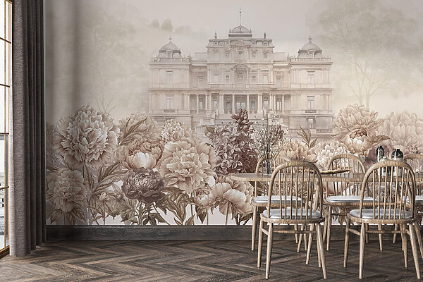 Large white building with flowers