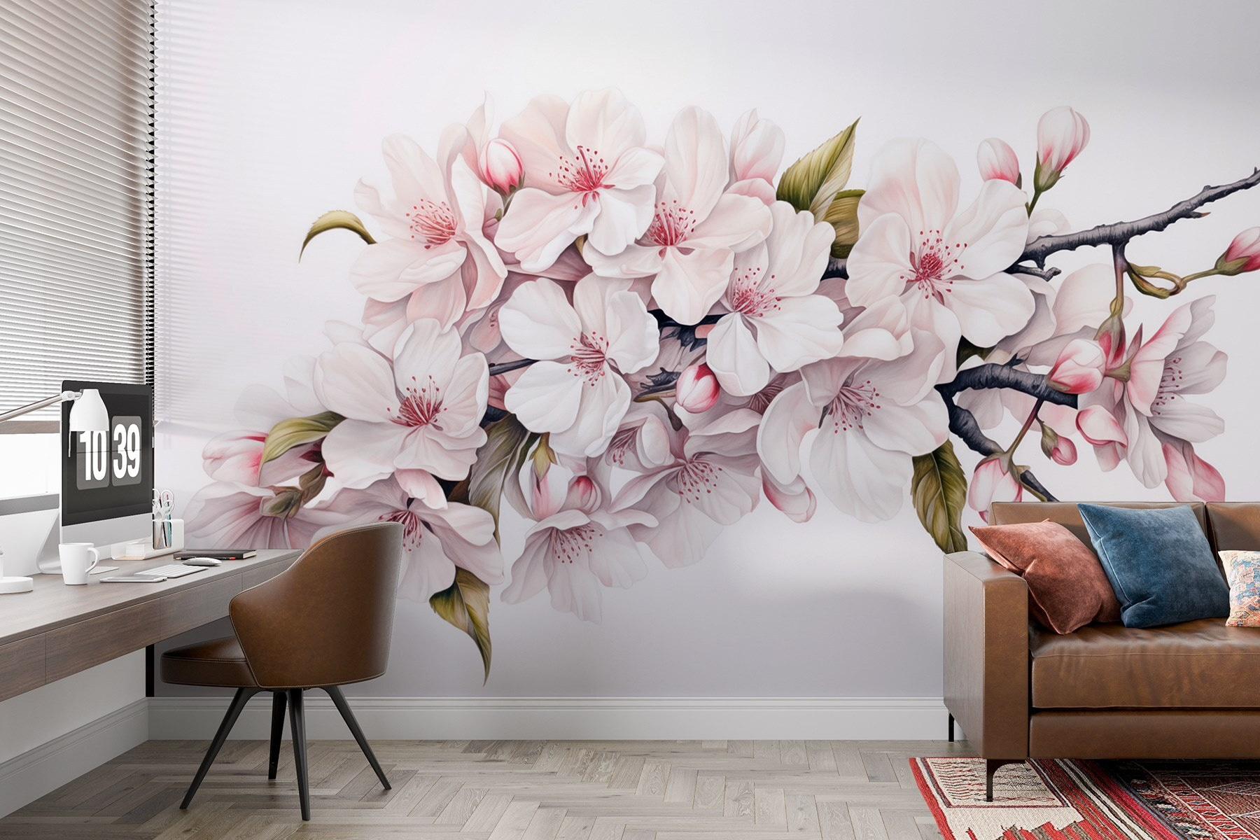 Wall murals Painting of white flowers on a branch : w08962 - Tapeko.ie