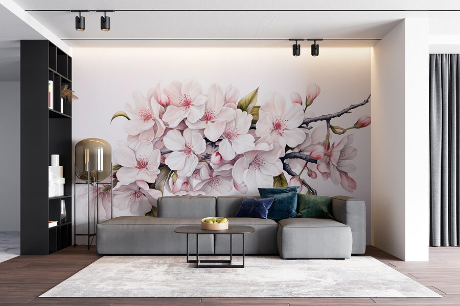 Painting of white flowers on a branch