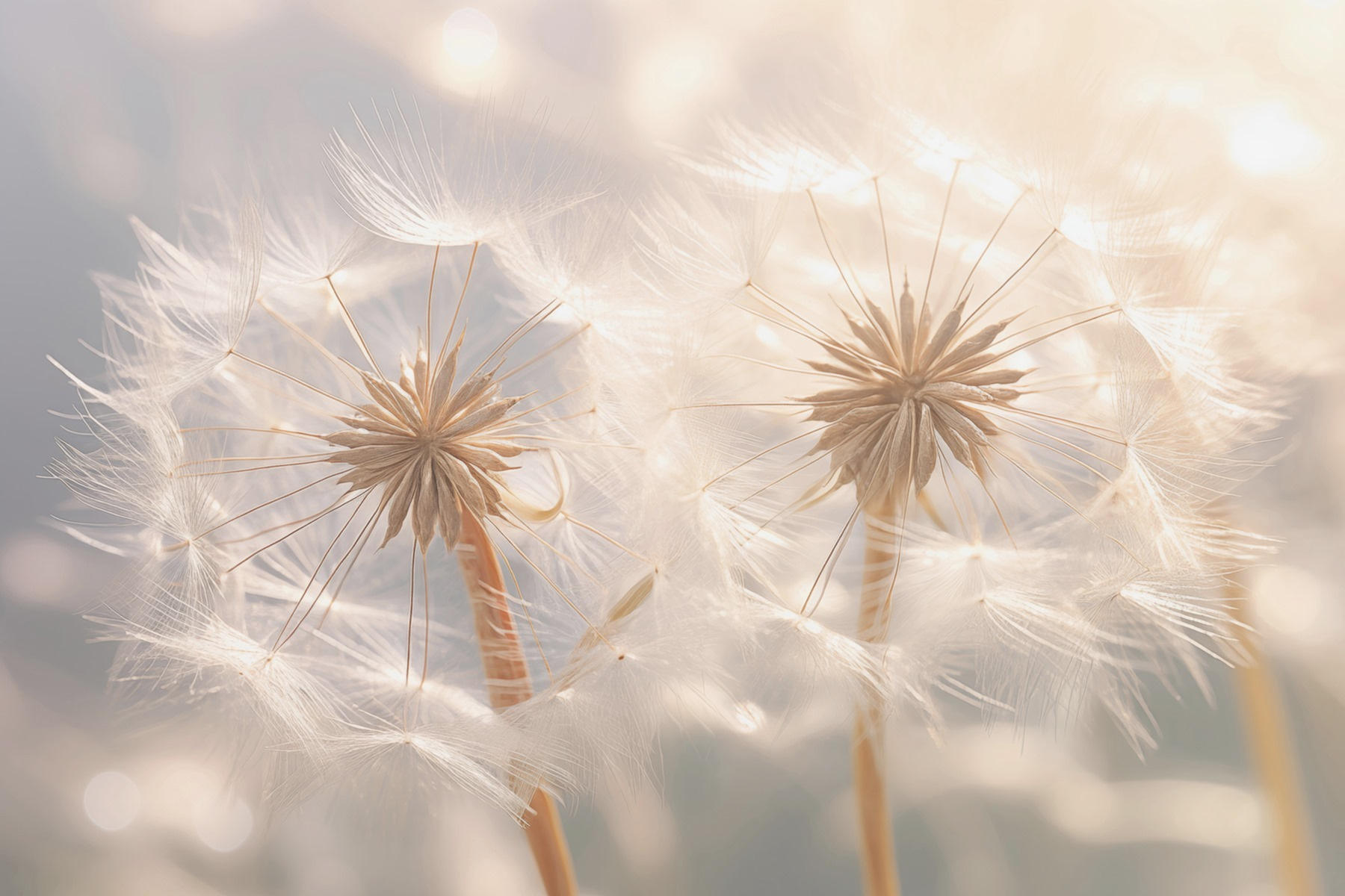 Delicate dandelion seeds in soft light