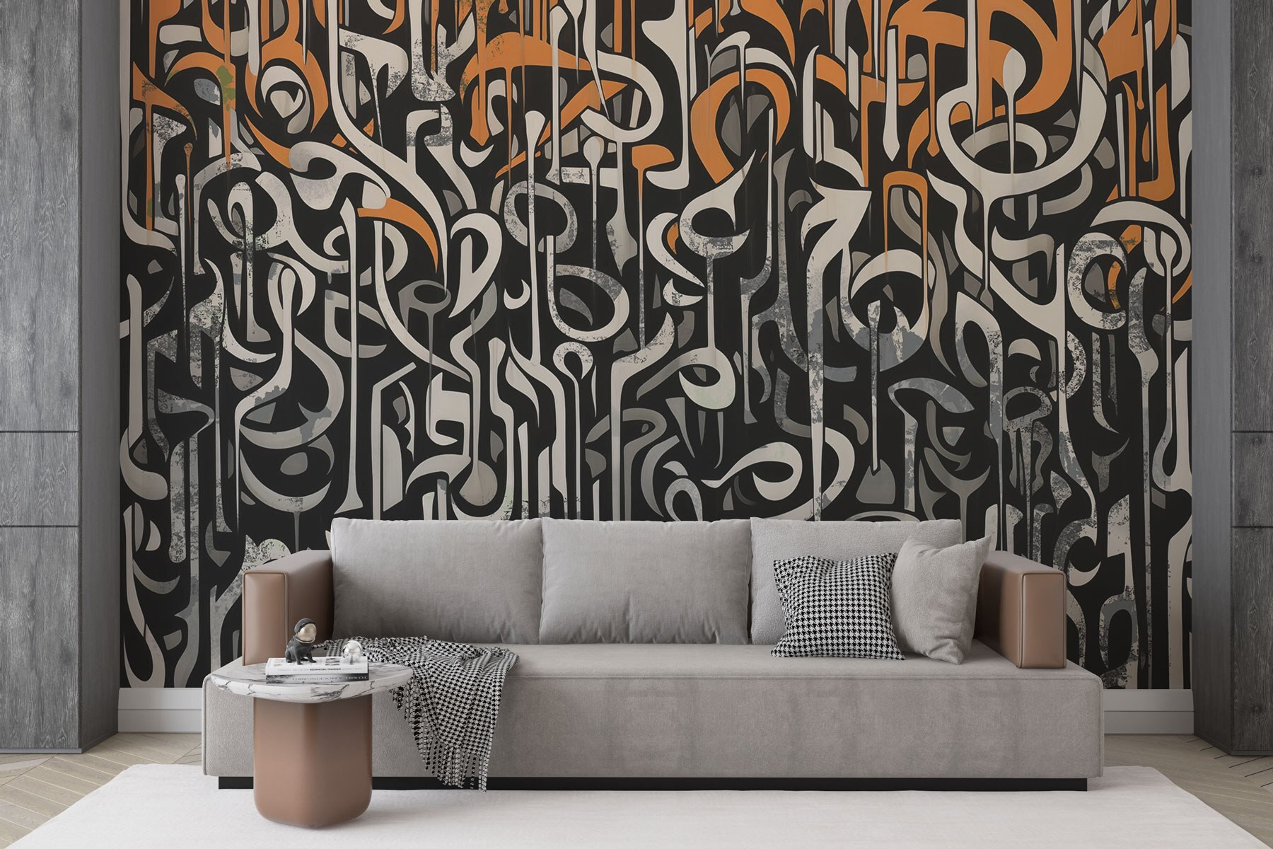 Black and white art with orange and white lines