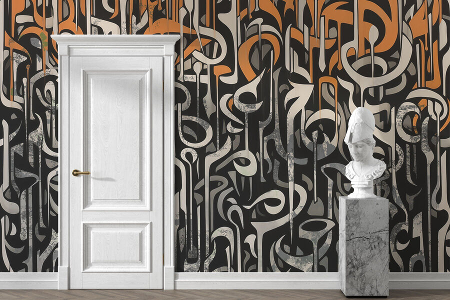 Black and white art with orange and white lines Black and white art with orange and white lines
