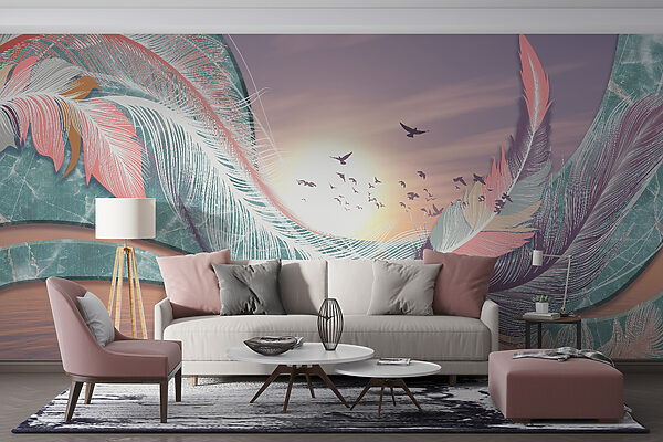 Colorful feathers and birds flying over water Colorful feathers and birds flying over water