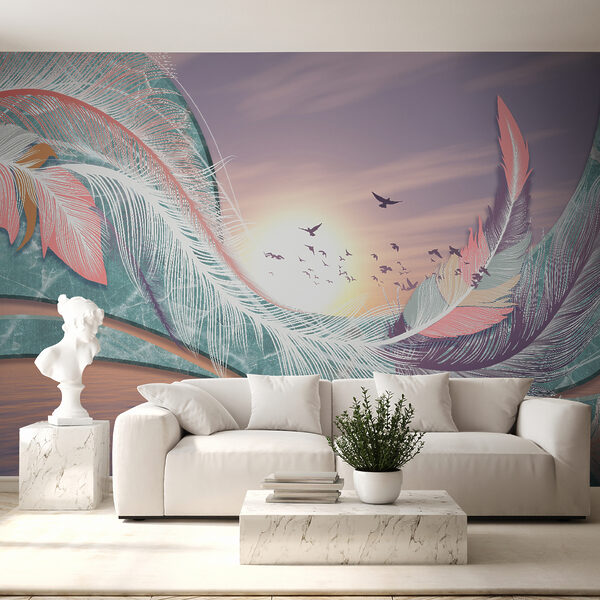 Colorful feathers and birds flying over water Colorful feathers and birds flying over water