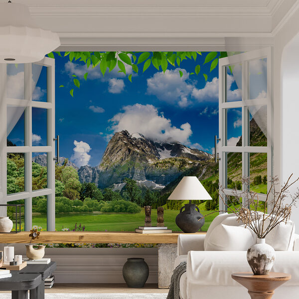 Window with a view of a mountain range and trees Window with a view of a mountain range and trees