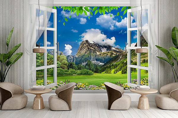 Window with a view of a mountain range and trees Window with a view of a mountain range and trees