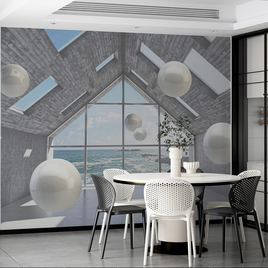 Room with white balls floating in the air Room with white balls floating in the air