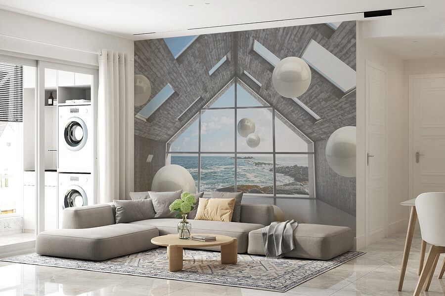 Room with white balls floating in the air Room with white balls floating in the air