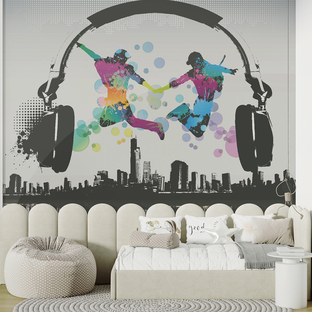 Couple of people jumping in the air with headphones