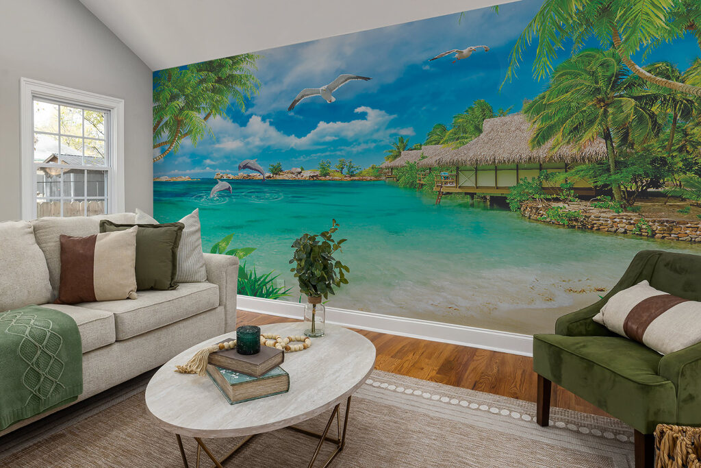 Beach with a hut and a couple of birds