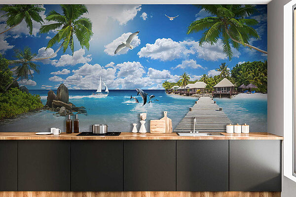 Wooden dock with palm trees and a beach with boats and dolphins Wooden dock with palm trees and a beach with boats and dolphins