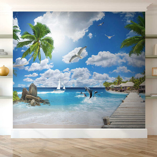 Wooden dock with palm trees and a beach with boats and dolphins Wooden dock with palm trees and a beach with boats and dolphins